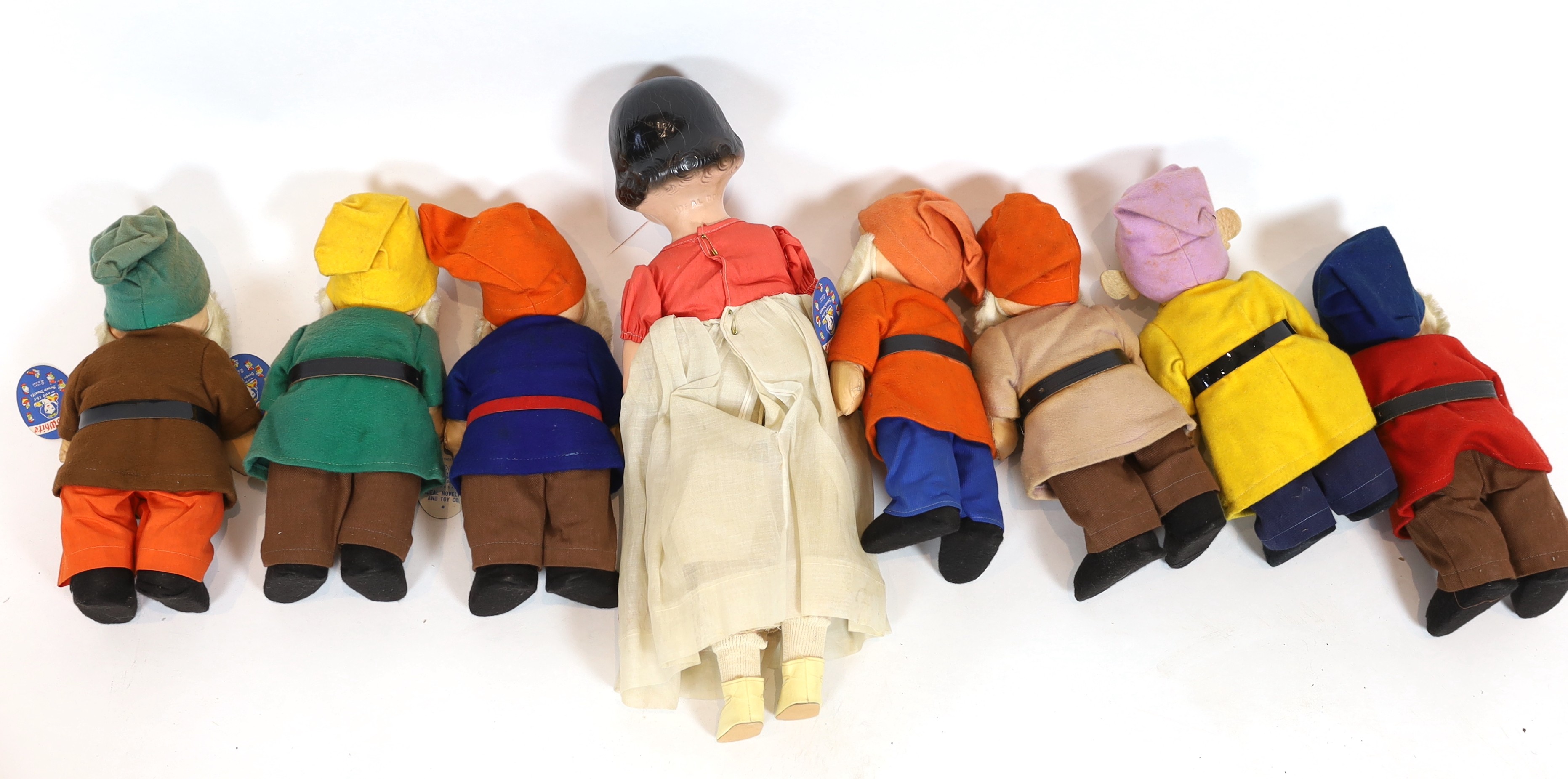 Snow White and the Seven Dwarfs, Ideal Novelty and Toy Co., US., copyright 1937, painted composition with coloured felt clothing, each rare in original box